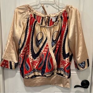 Charlotte Russe Y2K Boho Abstract paisley pattern Satin blouse, Size large